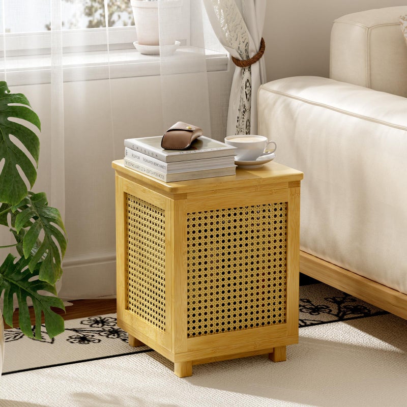 Atoping End Table for Living Room, Small Side Table with Storage, Bamboo Rattan Weave with Removable Cushion Top, Multifunctional Nightstand Ottoman Footrest Seat & Organizer for Bedroom, Office - Image 2