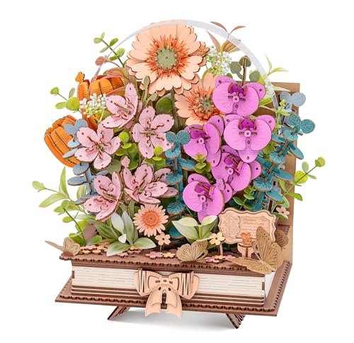 Wowood 3D Wooden Flower Puzzles for AdultsWooden Bloom Book DIY Crafts Model Kits Building Set Botanical Decor Creative Gift for Women 552PCS - Image 1