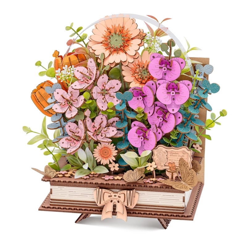 Wowood 3D Wooden Flower Puzzles for AdultsWooden Bloom Book DIY Crafts Model Kits Building Set Botanical Decor Creative Gift for Women 552PCS - Image 3