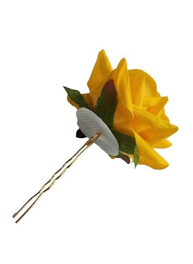 SURAKO COLLECTIONS Handmade Bride Rose Floral Juda Pin For Women and Girls | Elegant Rose U-shaped Hair Pin Wedding Hair Accessories | Pack Of 2 (Yellow) - Image 3