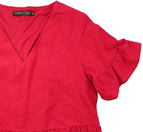 FANCYINN Women’s Red Cute Shift Tunic Dress Short Bell Sleeve V Neck Causal Swing Red Ruffle Mini Dress with Pockets M - Image 5