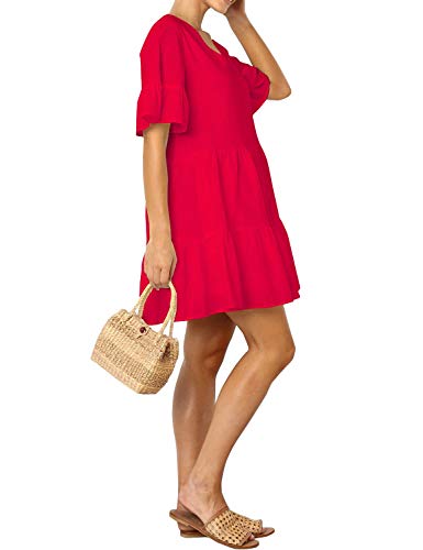 FANCYINN Women’s Red Cute Shift Tunic Dress Short Bell Sleeve V Neck Causal Swing Red Ruffle Mini Dress with Pockets M - Image 2
