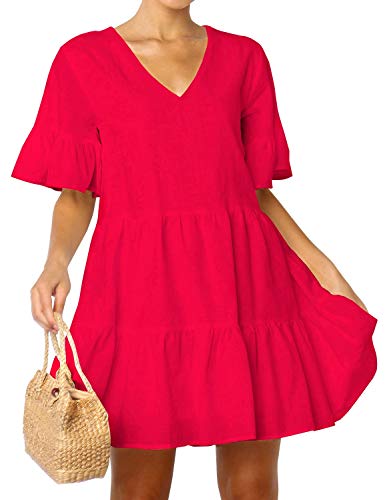 FANCYINN Women’s Red Cute Shift Tunic Dress Short Bell Sleeve V Neck Causal Swing Red Ruffle Mini Dress with Pockets M - Image 3