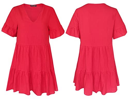 FANCYINN Women’s Red Cute Shift Tunic Dress Short Bell Sleeve V Neck Causal Swing Red Ruffle Mini Dress with Pockets M - Image 4
