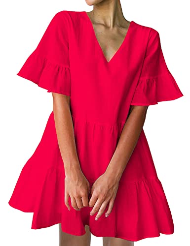 FANCYINN Women’s Red Cute Shift Tunic Dress Short Bell Sleeve V Neck Causal Swing Red Ruffle Mini Dress with Pockets M - Image 1