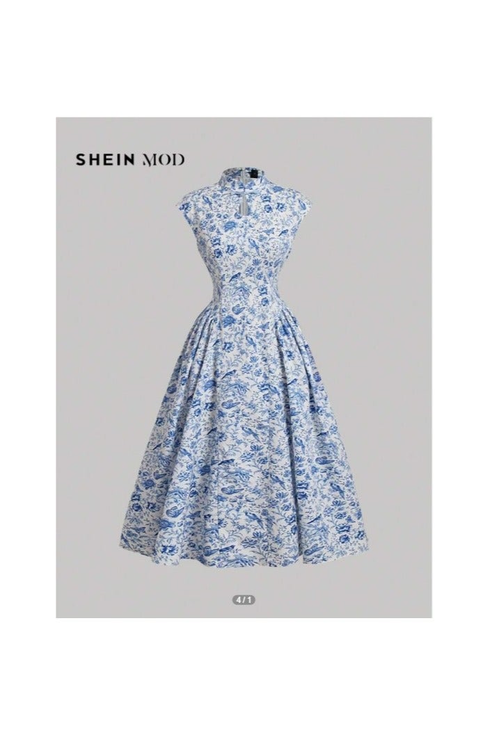 Shein SHEIN MOD Fashion New Chinese Style Blue Floral Buckle Dress Teacher Dress Autumn Dress Back to School Outfits Back to School Party Dresses Date Night Dress Women Blue Dresses Summer Dress  - Image 1