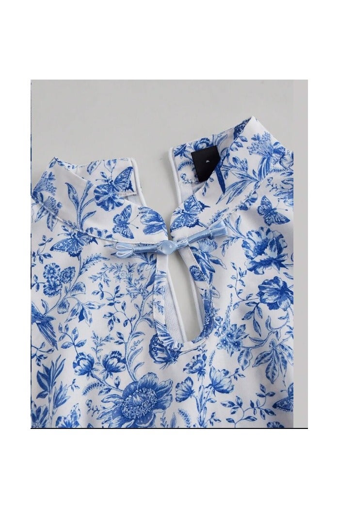 Shein SHEIN MOD Fashion New Chinese Style Blue Floral Buckle Dress Teacher Dress Autumn Dress Back to School Outfits Back to School Party Dresses Date Night Dress Women Blue Dresses Summer Dress  - Image 3