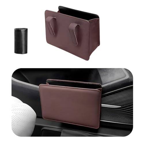 Yourkar Car Trash Can Foldable Waterproof Leather Car Garbage Organizer Holder Automotive Mini Dustbin Container with One Roll Trash Bag Universal Interior Car Accessories Dark Brown - Image 1