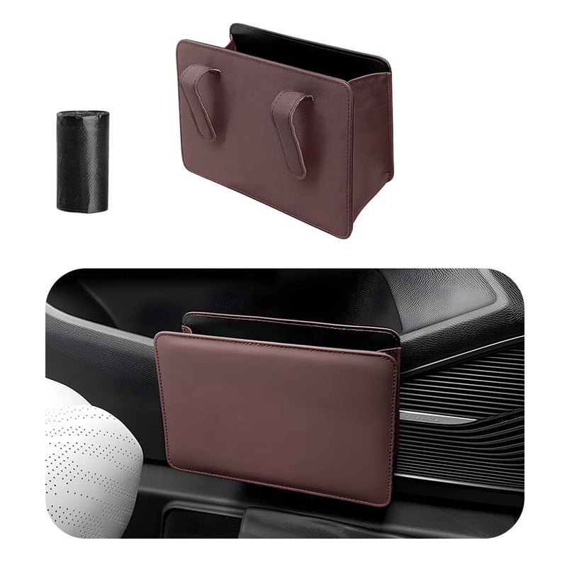 Yourkar Car Trash Can Foldable Waterproof Leather Car Garbage Organizer Holder Automotive Mini Dustbin Container with One Roll Trash Bag Universal Interior Car Accessories Dark Brown - Image 3