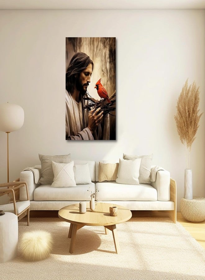 CXHOSTENT Jesus Canvas Wall Art God with Red Birds Cardinal Picture Print Christian God Posters Cardinal and Jesus Pictures for Church Prayer Room Framed (12.00"x18.00") - Image 2