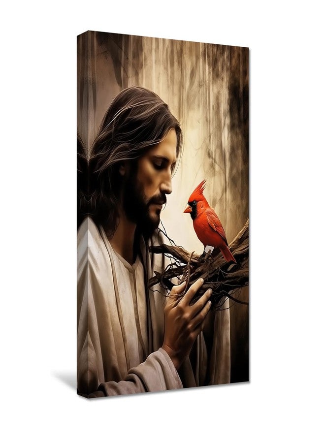 CXHOSTENT Jesus Canvas Wall Art God with Red Birds Cardinal Picture Print Christian God Posters Cardinal and Jesus Pictures for Church Prayer Room Framed (12.00"x18.00") - Image 1