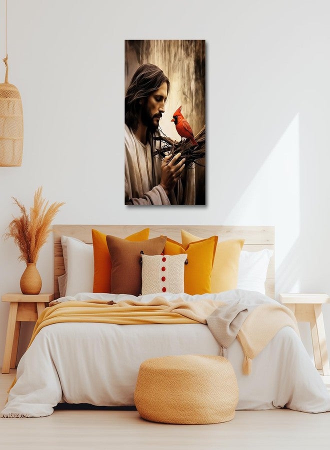 CXHOSTENT Jesus Canvas Wall Art God with Red Birds Cardinal Picture Print Christian God Posters Cardinal and Jesus Pictures for Church Prayer Room Framed (12.00"x18.00") - Image 5