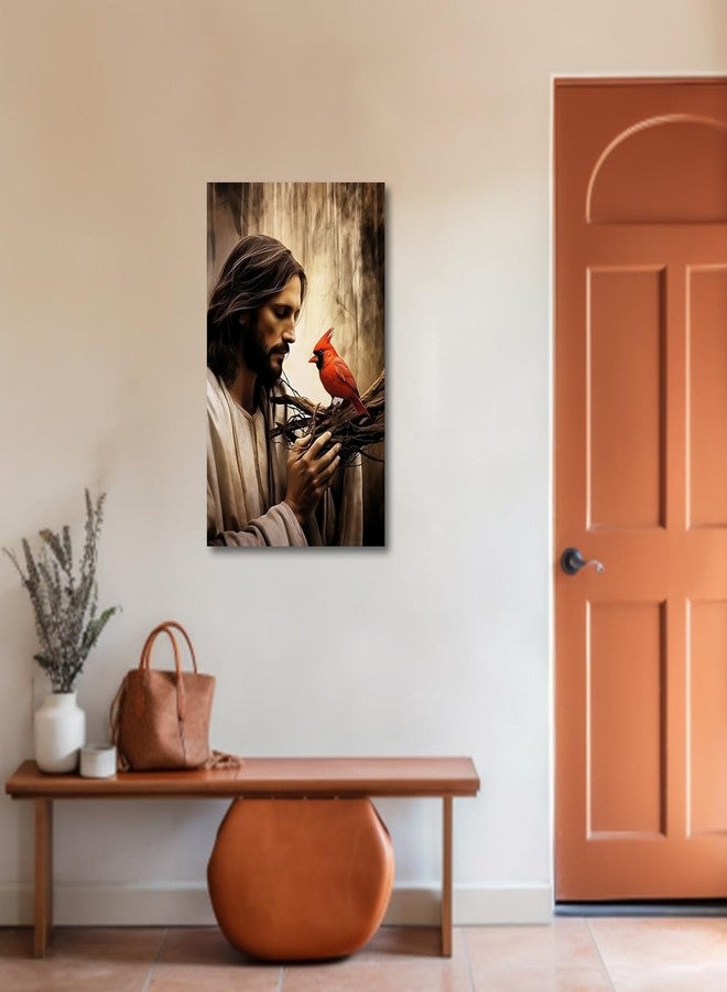 CXHOSTENT Jesus Canvas Wall Art God with Red Birds Cardinal Picture Print Christian God Posters Cardinal and Jesus Pictures for Church Prayer Room Framed (12.00"x18.00") - Image 3