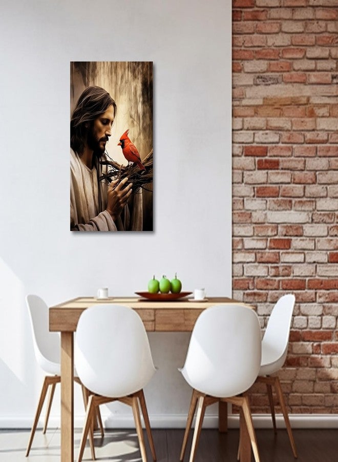 CXHOSTENT Jesus Canvas Wall Art God with Red Birds Cardinal Picture Print Christian God Posters Cardinal and Jesus Pictures for Church Prayer Room Framed (12.00"x18.00") - Image 4