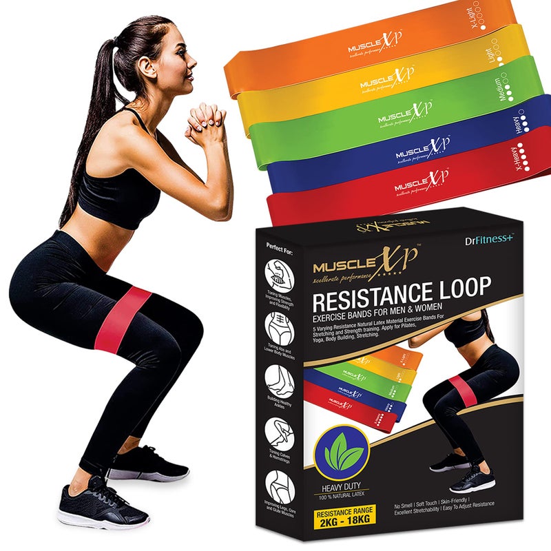 MuscleXP DrFitness+ Resistance Loop Band Set of 5, Exercies Bands For Men & Women, Legs, Yoga, Body Bilding, Stretching, Toning Workout, Squats Exercise Usable in-Home & Gym - Image 3