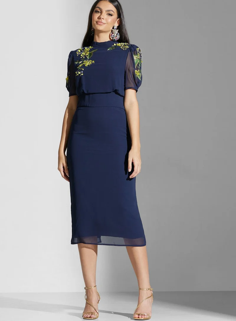Hope & Ivy Embellished High Neck Tie Detail Dress
