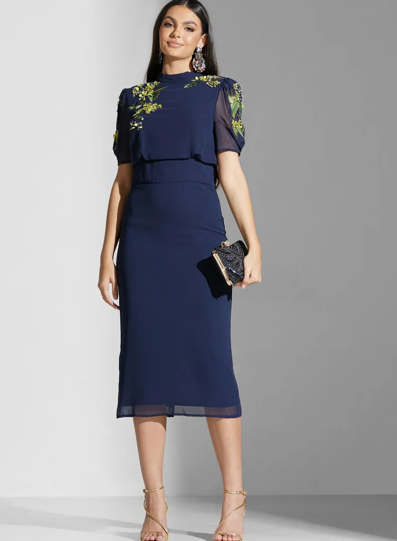Hope & Ivy Embellished High Neck Tie Detail Dress