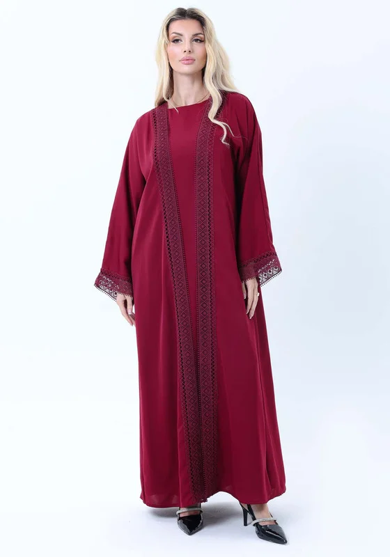 MSquare Fashion 3-Piece Maroon Abaya Set with Intricate Lace Detailing & Matching Headscarf
