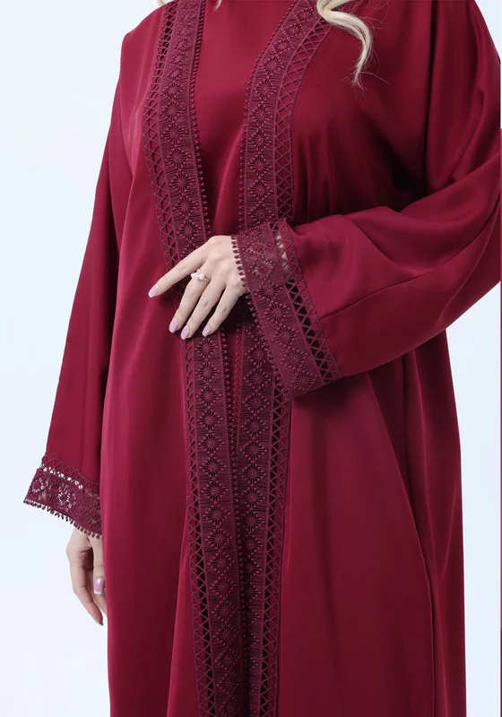 MSquare Fashion 3-Piece Maroon Abaya Set with Intricate Lace Detailing & Matching Headscarf