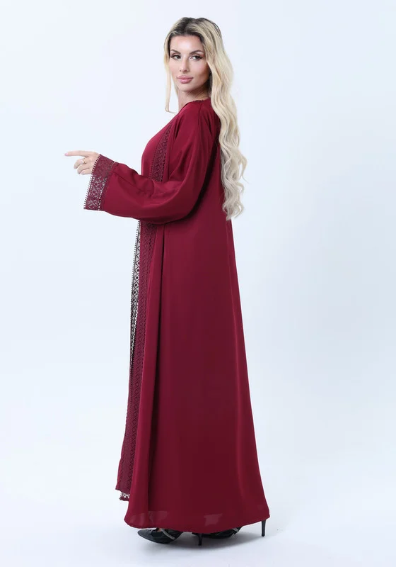 MSquare Fashion 3-Piece Maroon Abaya Set with Intricate Lace Detailing & Matching Headscarf