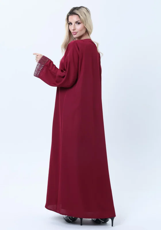MSquare Fashion 3-Piece Maroon Abaya Set with Intricate Lace Detailing & Matching Headscarf