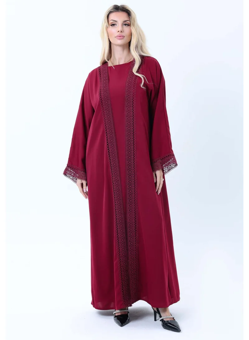 MSquare Fashion 3-Piece Maroon Abaya Set with Intricate Lace Detailing & Matching Headscarf