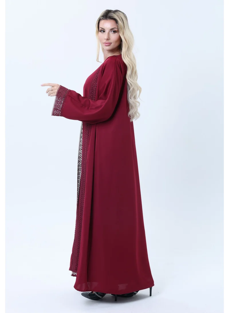 MSquare Fashion 3-Piece Maroon Abaya Set with Intricate Lace Detailing & Matching Headscarf