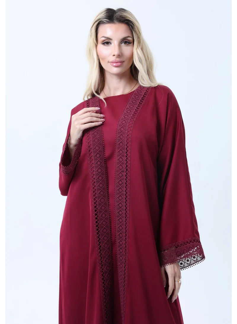 MSquare Fashion 3-Piece Maroon Abaya Set with Intricate Lace Detailing & Matching Headscarf
