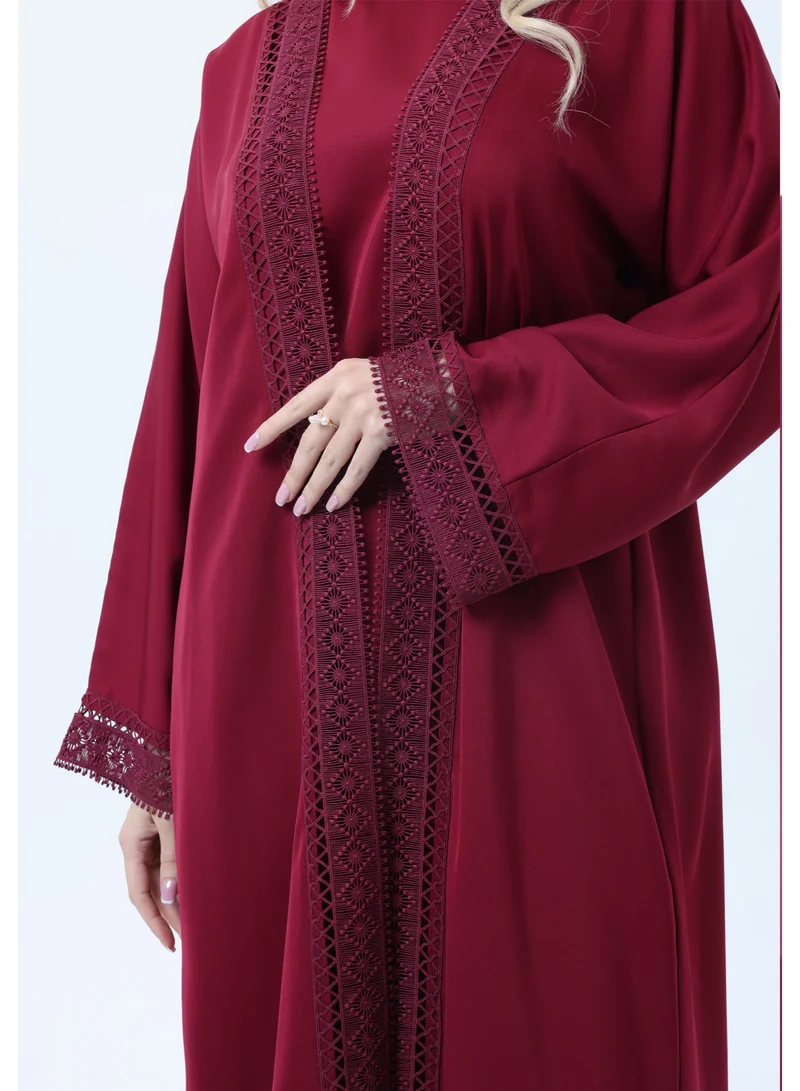 MSquare Fashion 3-Piece Maroon Abaya Set with Intricate Lace Detailing & Matching Headscarf