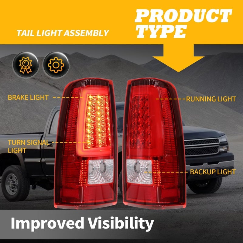 Jecoupoon Tail Lights Compatible with 2003 2004 2005 2006 Silverado 1500 2500 3500 Red Tube Rear Light Tail Lamps Driver & Passenger GM2800174 GM2801174 - Image 4
