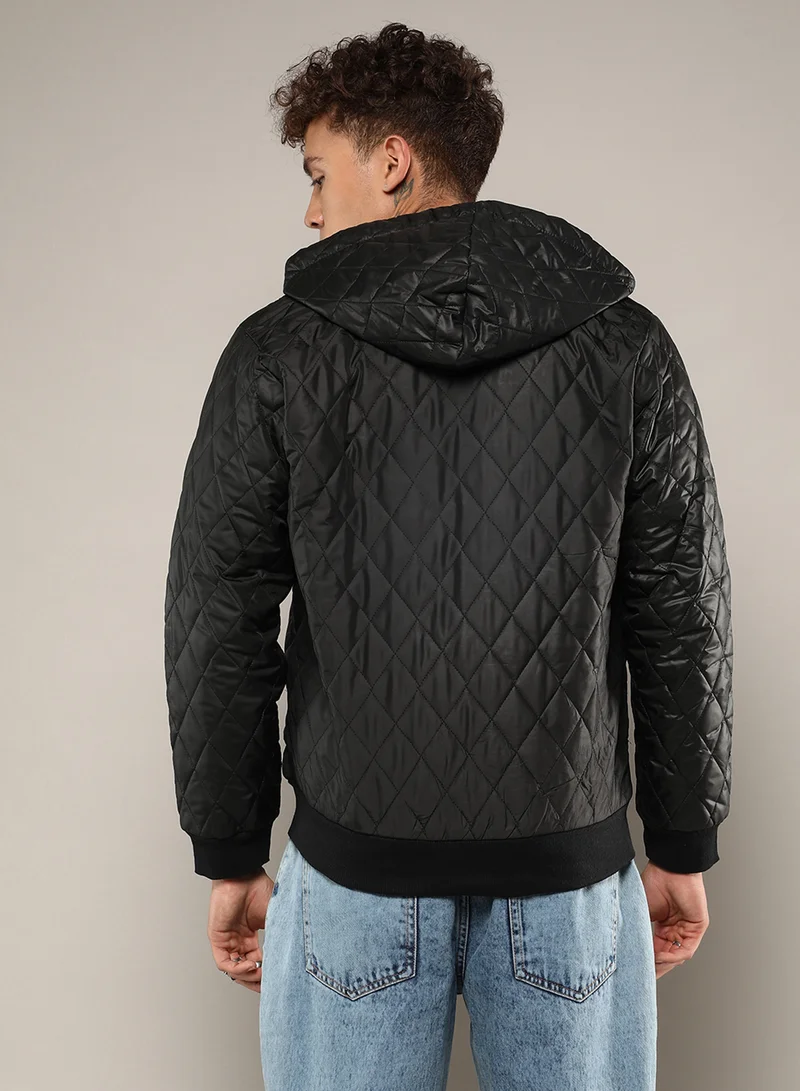 كامبوس سوترا Men's Black Quilted Puffer Jacket With Zip-Closure