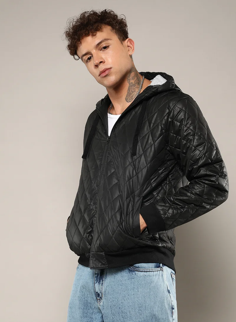 كامبوس سوترا Men's Black Quilted Puffer Jacket With Zip-Closure