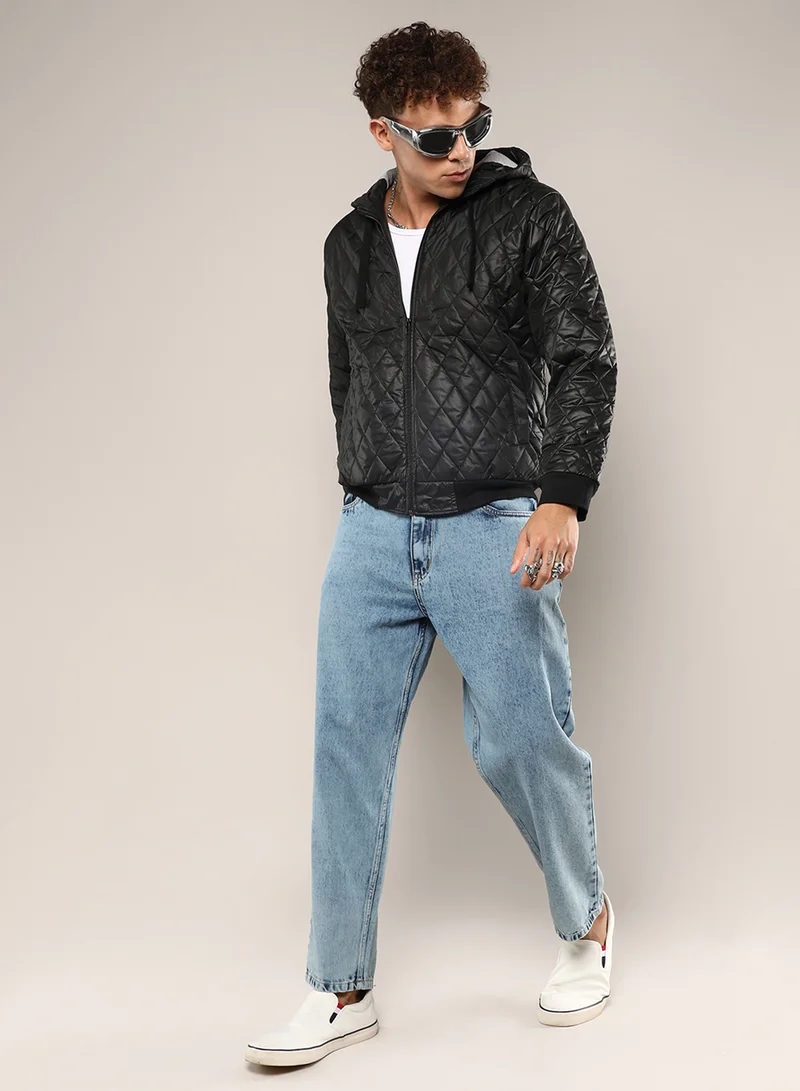 كامبوس سوترا Men's Black Quilted Puffer Jacket With Zip-Closure