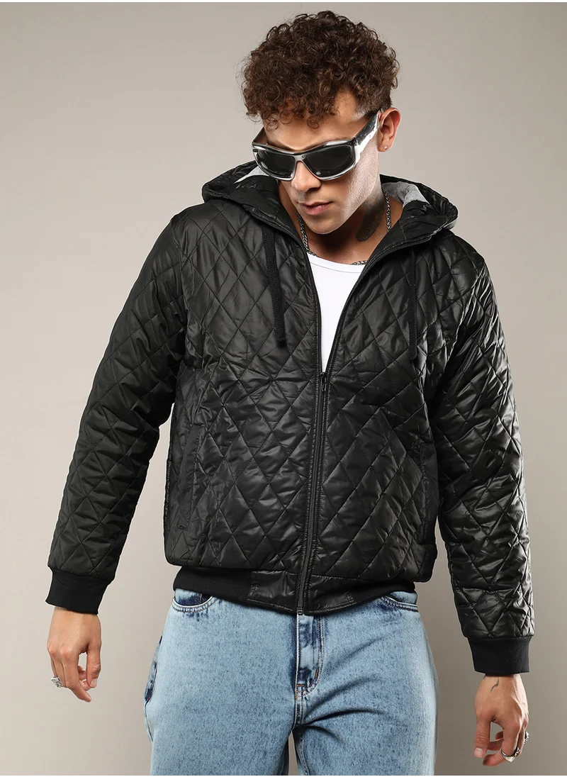Campus Sutra Men's Black Quilted Puffer Jacket With Zip-Closure