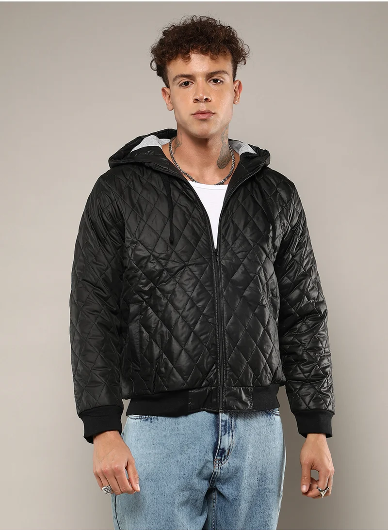 Campus Sutra Men's Black Quilted Puffer Jacket With Zip-Closure