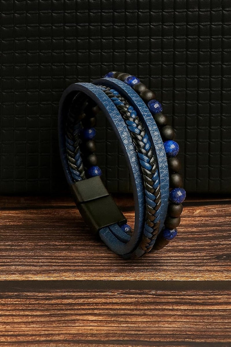 Vientiq Black Braided Leather Bracelet For Men - Image 4