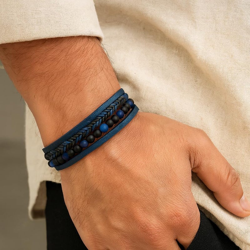 Vientiq Black Braided Leather Bracelet For Men - Image 2