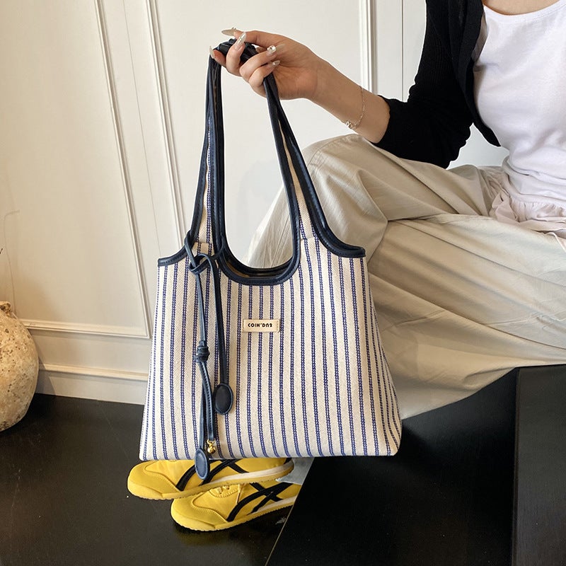 New Large-Capacity Canvas Bag Love Bay Tote Bag Simple Niche Striped Commuting Portable Shoulder Bag For Women - Image 2
