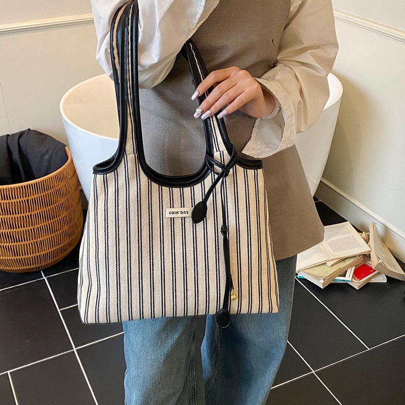 New Large-Capacity Canvas Bag Love Bay Tote Bag Simple Niche Striped Commuting Portable Shoulder Bag For Women - Image 5