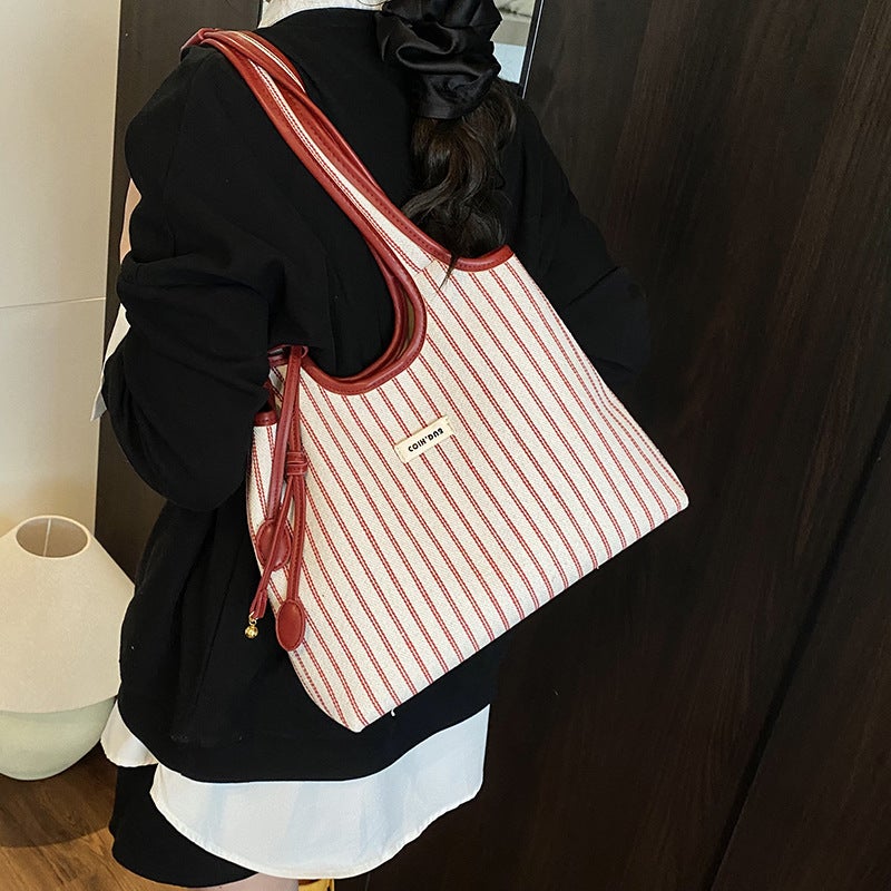 New Large-Capacity Canvas Bag Love Bay Tote Bag Simple Niche Striped Commuting Portable Shoulder Bag For Women - Image 4