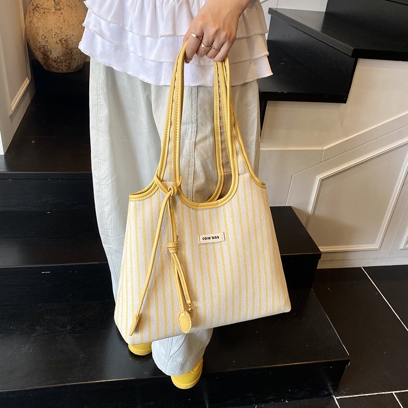 New Large-Capacity Canvas Bag Love Bay Tote Bag Simple Niche Striped Commuting Portable Shoulder Bag For Women - Image 3