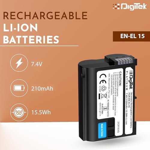 Digitek Platinum (EN-EL15) 2100mAh Rechargeable Li-ion Battery, 7.4V 15.5Wh, Replacement Battery for Nikon Z5, Z6, Z7, D7500, D7200, D7100, D7000, D800, D810, D850, Long Backup, Safe & DCharging - Image 2
