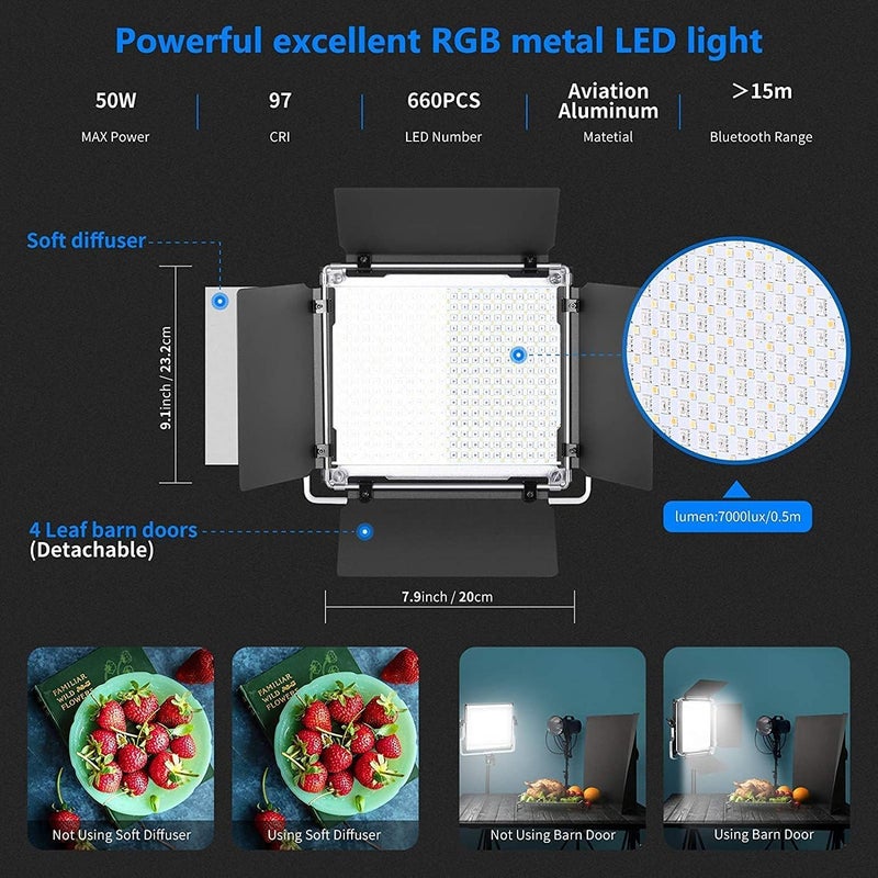 Neewer NEEWER 660 PRO RGB LED Video Light with APP Control, Barn Door, U‑Bracket, 360° Full Color, CRI 97+, 50W Panel Light for Gaming, Live Streaming, YouTube, Webex, Filming & Photography  - Image 2