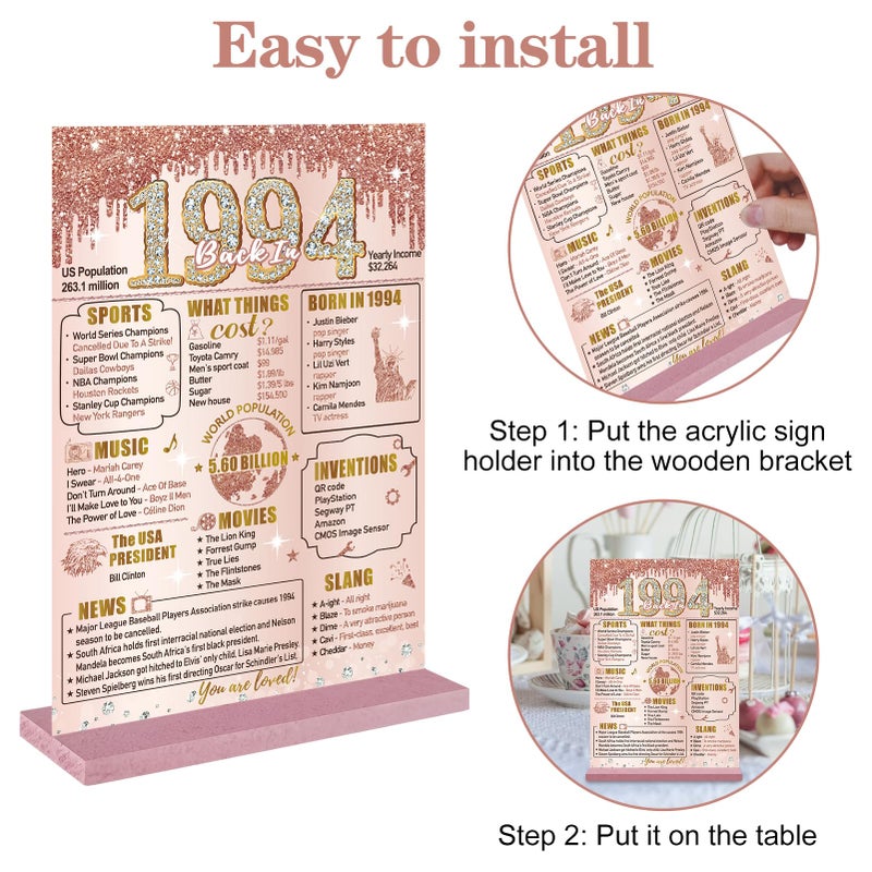 Bumqviy Happy 30th Birthday Decorations Back in 1994 Table Sign for Women  Pink Rose Gold 30 & Fabulous Birthday Two-Sided Wooden Poster with Stand  Thirty Year Old Birthday Gift Party Supplies - Image 2