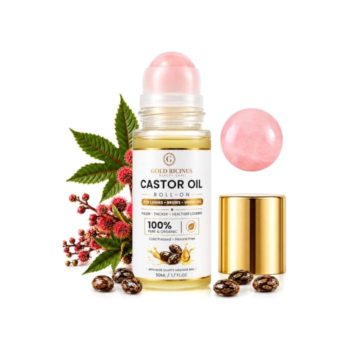Goldpure Organic Castor Oil Rose Quartz Roller Ball - 100% Pure Natural Cold-Pressed Hexane-Free Oil for the Look of Smoother Skin, Reduced Puffiness & Thicker, Longer-Looking Lashes and Brows