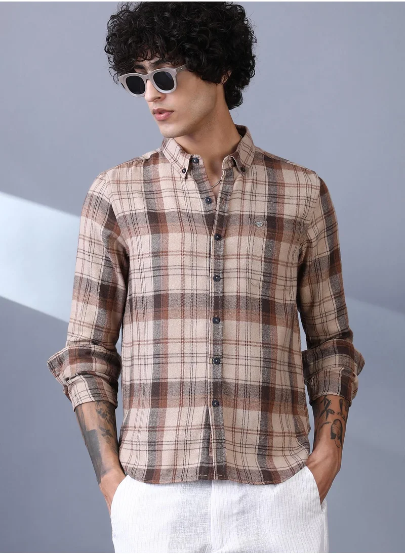 Campus Sutra Campus Sutra Men's Ash Brown Tartan Regular Shirt For Casual Wear | Spread Collar | Long Cuffed Sleeves | Button Closure | Shirt Crafted With Comfort Fit For Everyday Wear