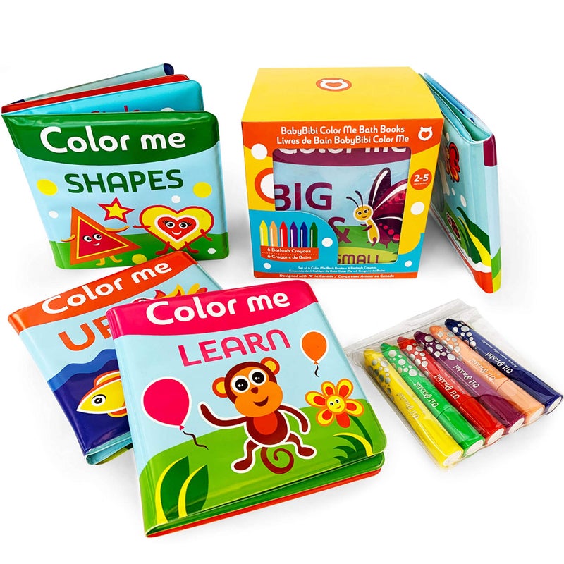BabyBibi Color Me Bath Books Plus Crayons - Set of 4 Different Books - Includes 6 Washable Bath Crayons - Learn and Play Including Opposites and Shapes - Suitable for 2+ - Image 1