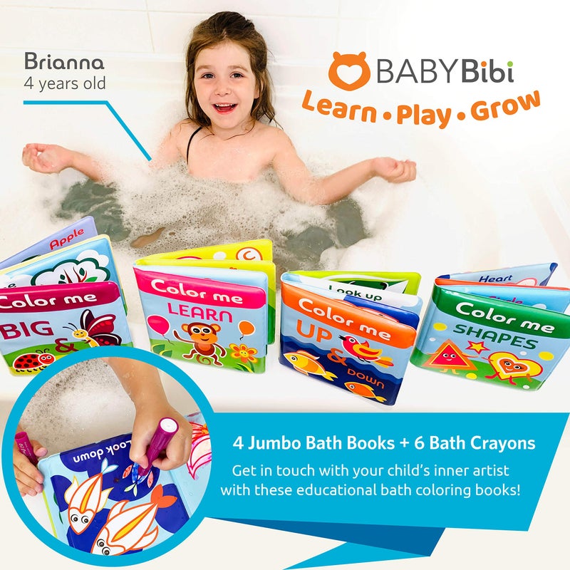 BabyBibi Color Me Bath Books Plus Crayons - Set of 4 Different Books - Includes 6 Washable Bath Crayons - Learn and Play Including Opposites and Shapes - Suitable for 2+ - Image 4