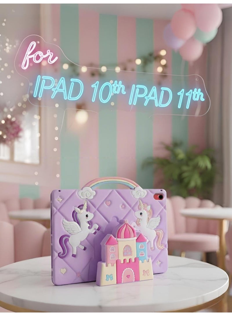 iPad الجيل الحادي عشر/iPad الجيل العاشر حافظة واقية كرتونية على شكل وحيد القرن، حافظة واقية محمولة لـ iPad، حافظة لوحية لطيفة كرتونية مقاومة للصدمات فائقة النحافة من السيليكون مع حزام كتف وحامل ثلاثي الأبعاد ومقبض، حماية من السقوط، حافظة iPad لطيفة للفتيات والأطفال حافظة لـ iPad الجيل الحادي عشر 11 بوصة 2025/iPad الجيل العاشر 10.9 بوصة 2022 لطيفة، Unicorn أرجوانية - Image 2