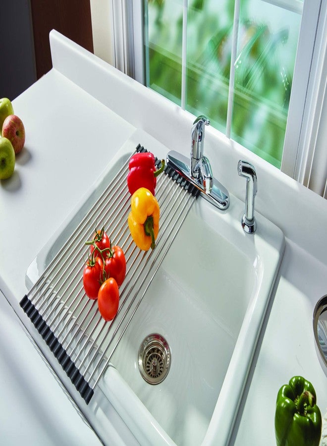 Farberware Space Saving Roll Up Over The Sink Dish Drying Mat with Rust Resistant Stainless Steel Wires with Non Slip BPA Free Food Safe Caps, Large, Silver/Black - Image 3